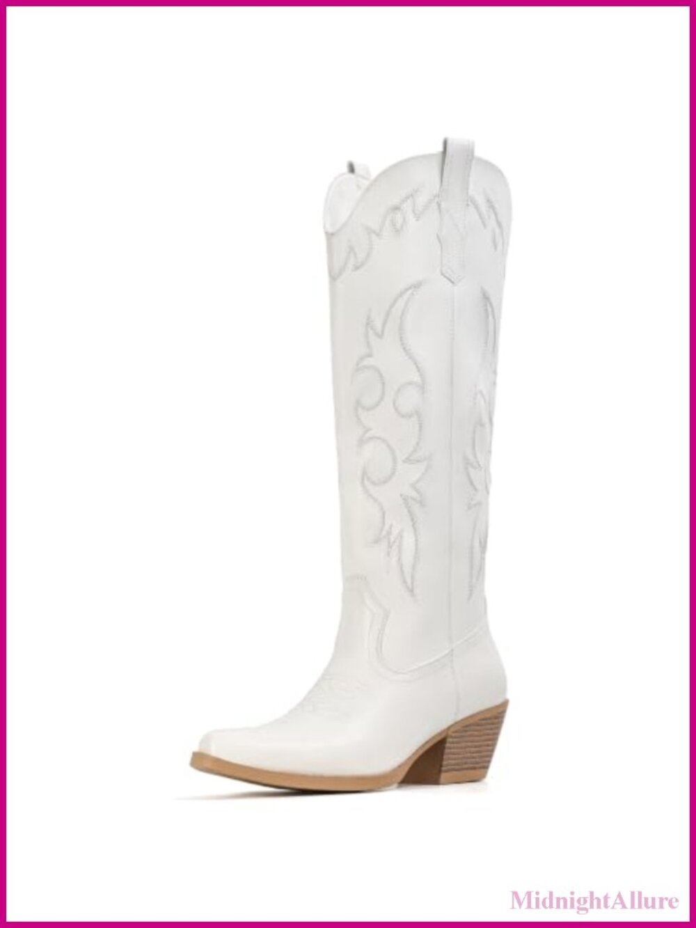 Knee High Cowboy Boots Faux Leather Pointed Toe Block Heel Pull On Cowgirl